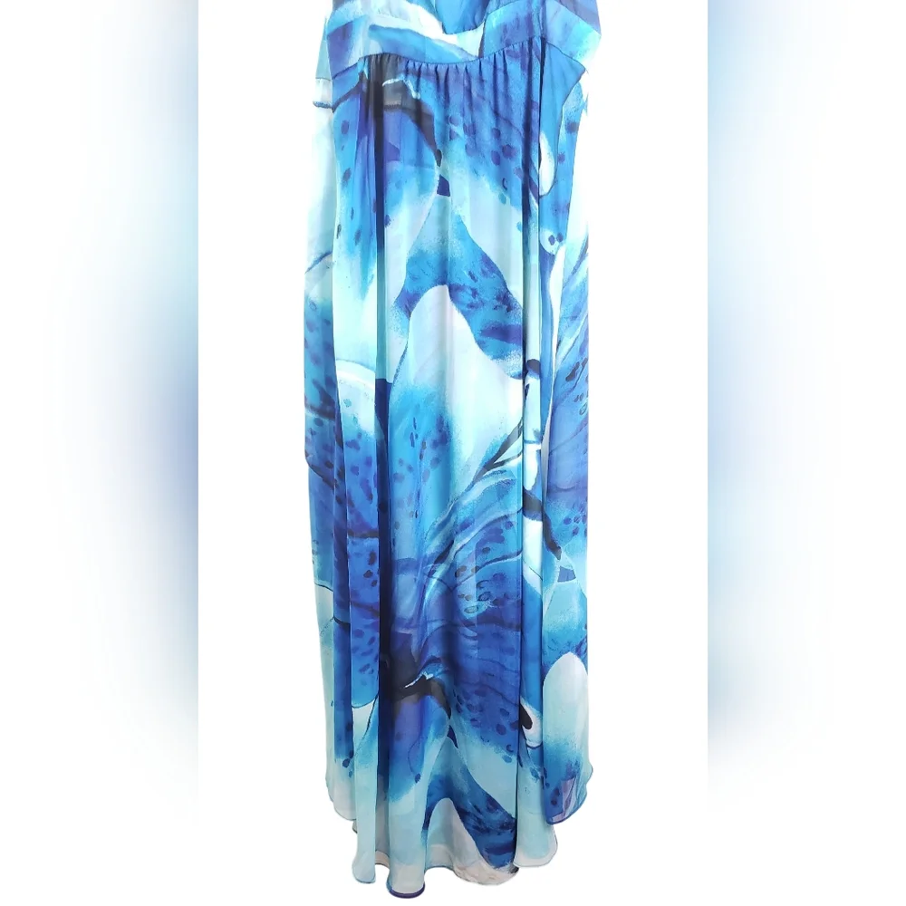 Coastal Resort Blue Floral Empire Waist High Low Dress Sz 6 Mermaid Ethereal - Picture 6 of 14